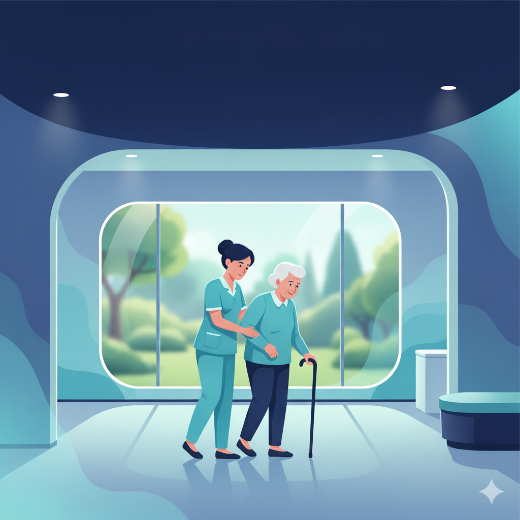 Nurse assisting an elderly resident with daily basic care tasks.